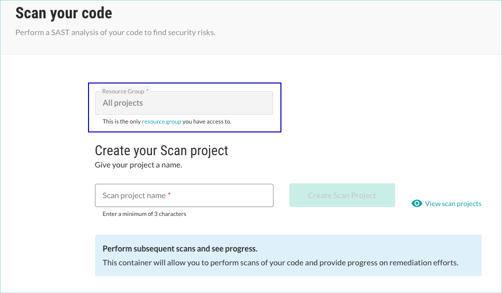 Image shows the screen for creating a project with the resource group option highlighted.