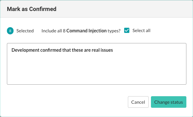 This image shows the change status window for multiple vulnerabilities.