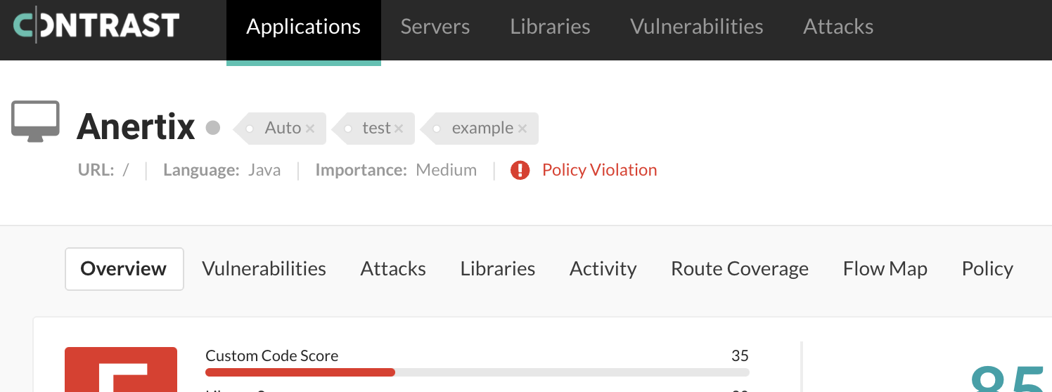Image shows dashboard status for vulnerabilities mentions policy violations.