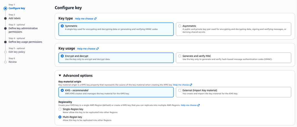 This image shows the AWS settings for creating the KMS key to be shared with Contrast.