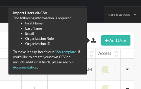 Image shows link to CSV template download in the Upload icon tooltip.