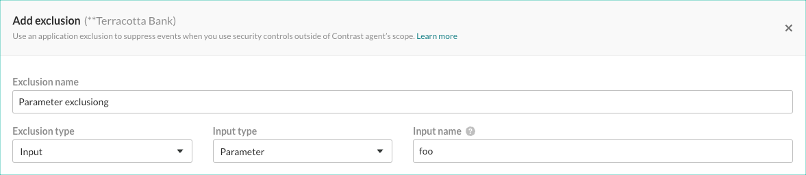 Image shows basic settings for a parameter input exclusions with foo being the excluded parameter