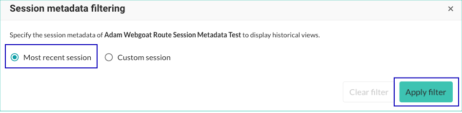 Image shows applying a session metadata filter.
