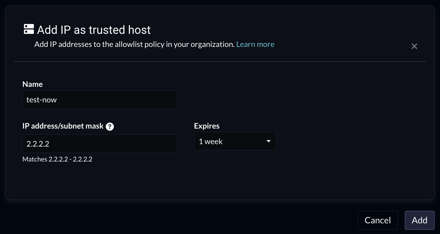 northstar-add-trusted-ip.png Image shows the window for adding an IP address as a trusted host Cancel Update