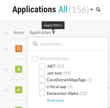 Image shows Apply filters icon next Application column header with a list of Application tags.