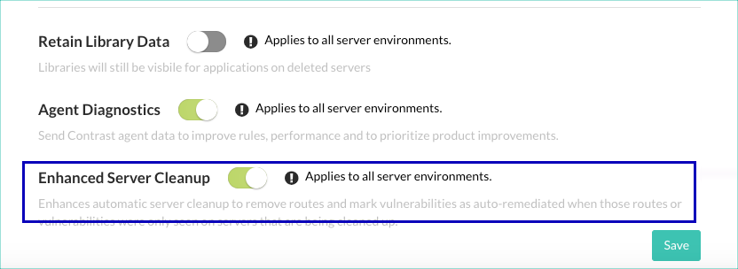 Image shows the Enhanced server cleanup option on the Servers setting page.