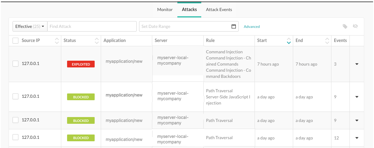 This image shows the Attacks list