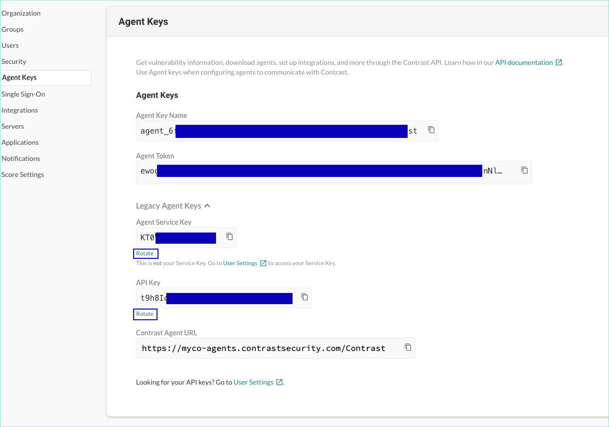 Image shows the Agent keys under Organization settings.