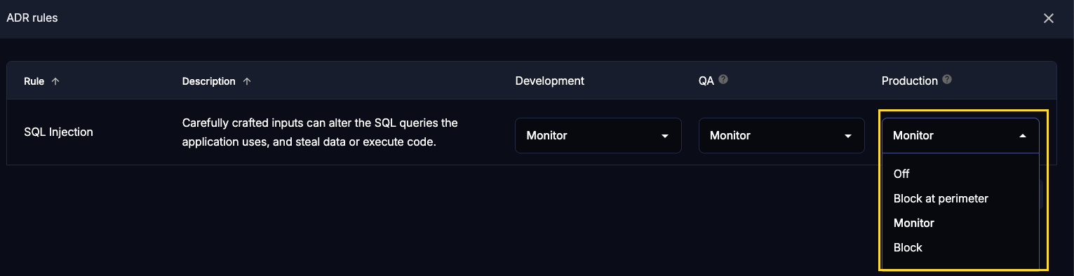 Image shows the mode dropdown options for the Production environment.