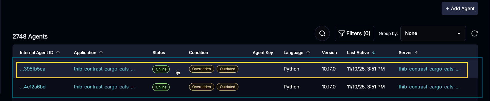AgentDashboardRow.png Image shows the cursor positioned to select a row in the agent dashboard.