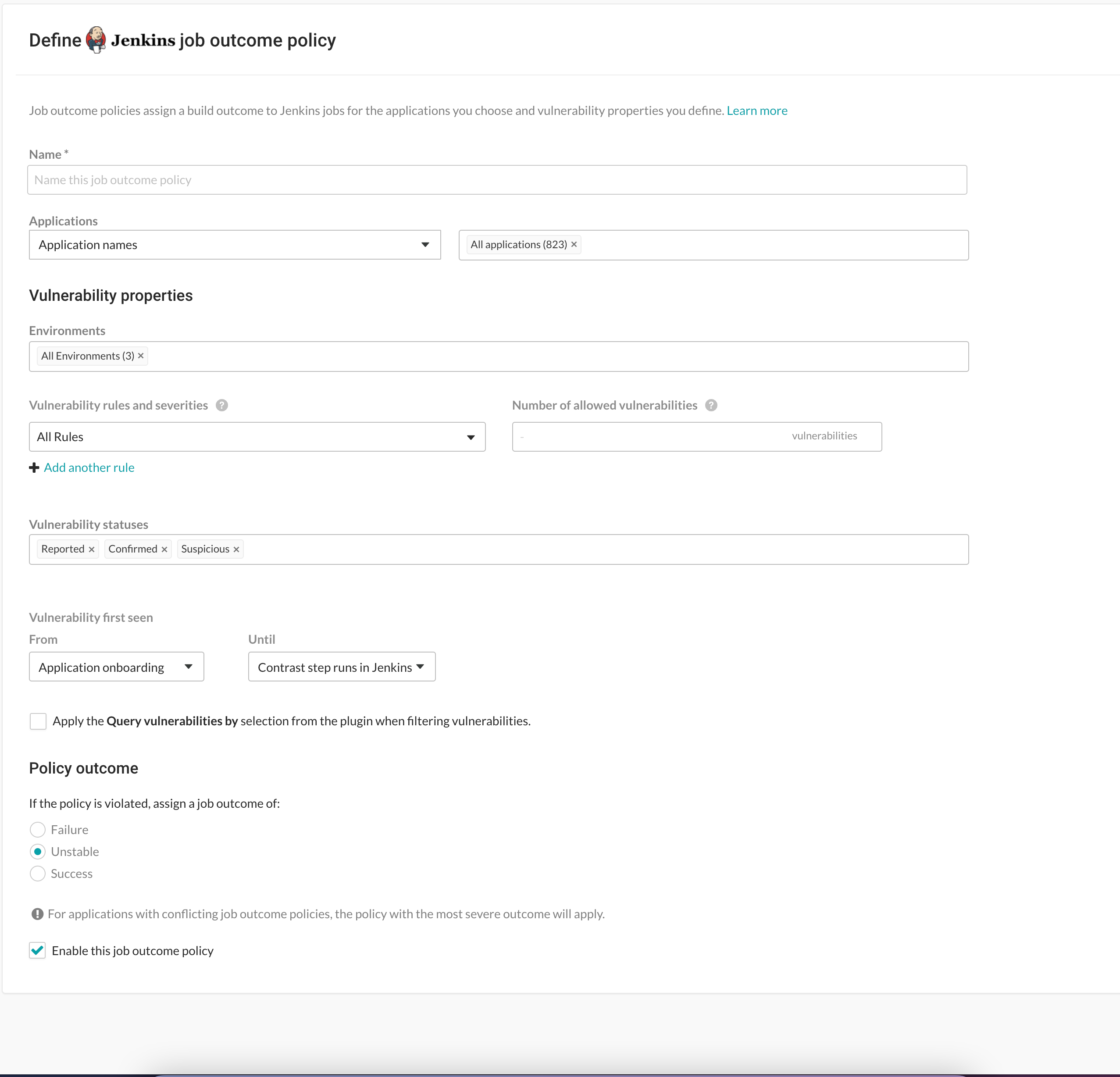 general page display of jenkins job outcome policy screen