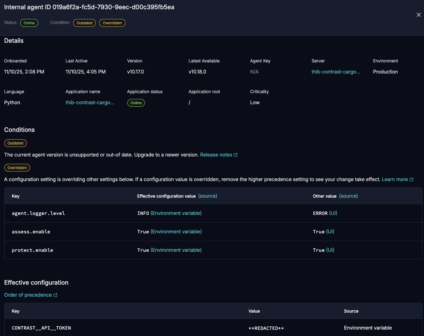 AgentDashboardDetailsPanel.png Image shows the agent details panel after selecting a row in the agent dashboard.