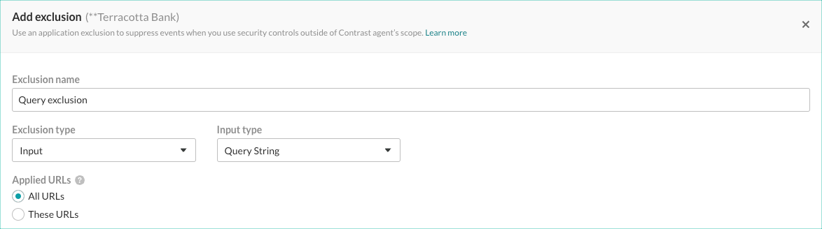 Image shows basic settings for a Query input exclusion.