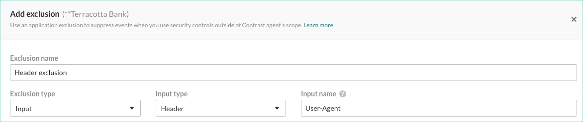 Image shows settings for a basic Header input exclusion for a the User Agent header.