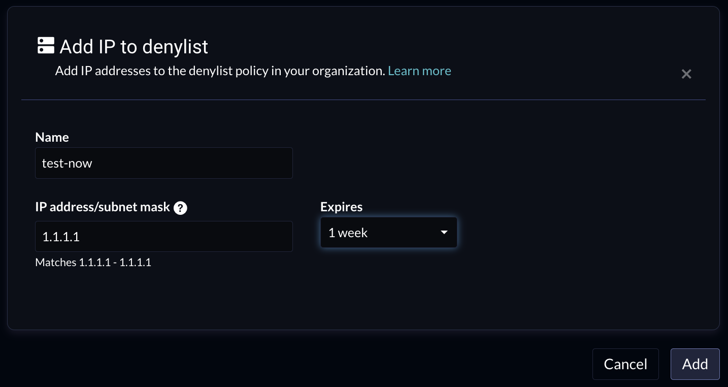 northstar-add-deny-ip.png Image shows the window for adding an IP address to an IP denylist Cancel Update