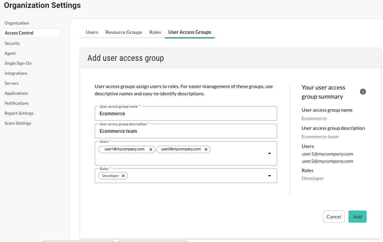 Image shows the screen for adding a user access group.