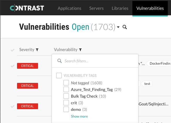 Tag filter shown at the top of the Vulnerability column.