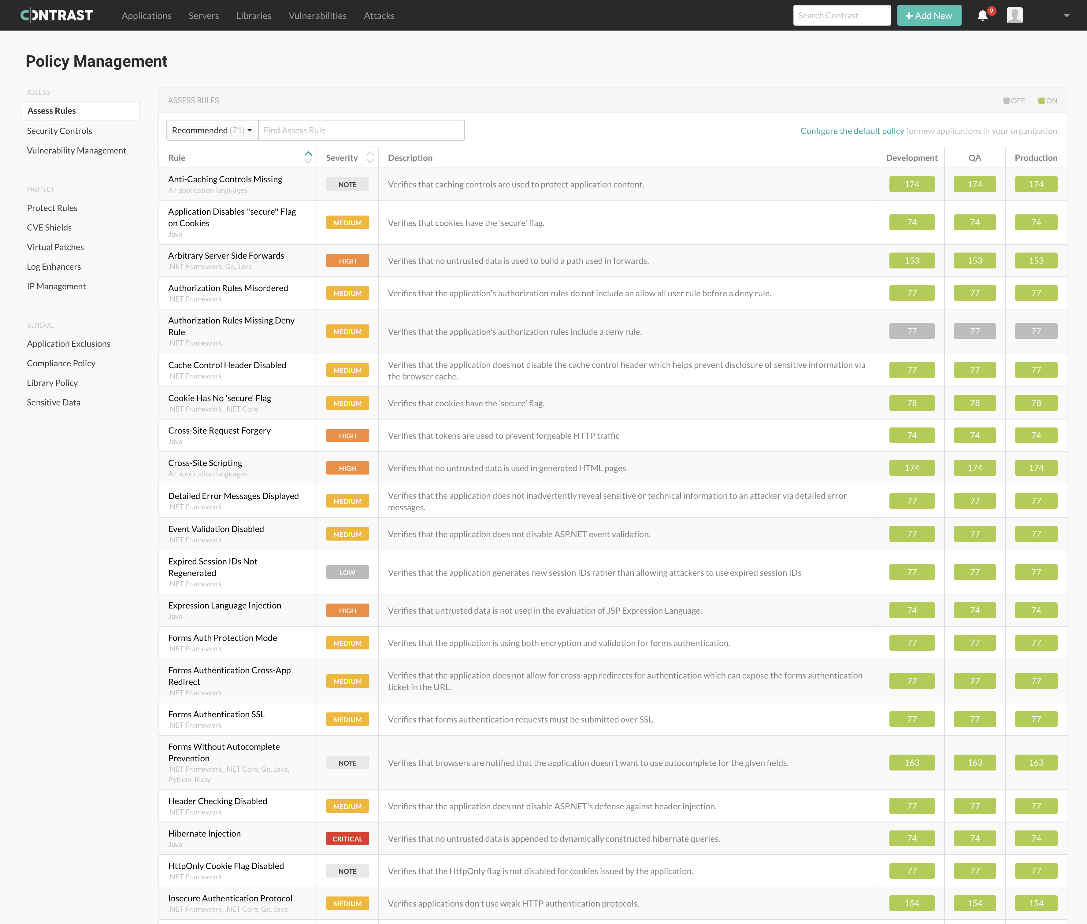 Rules admin Policy management screen