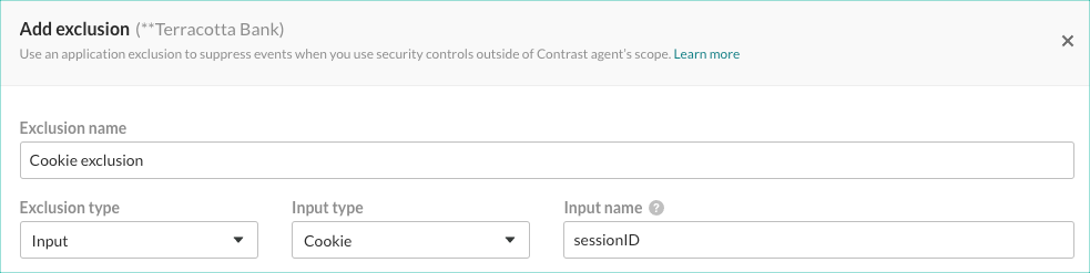 Image shows basic settings for a Cookie input exclusion for the sessionID cookie.