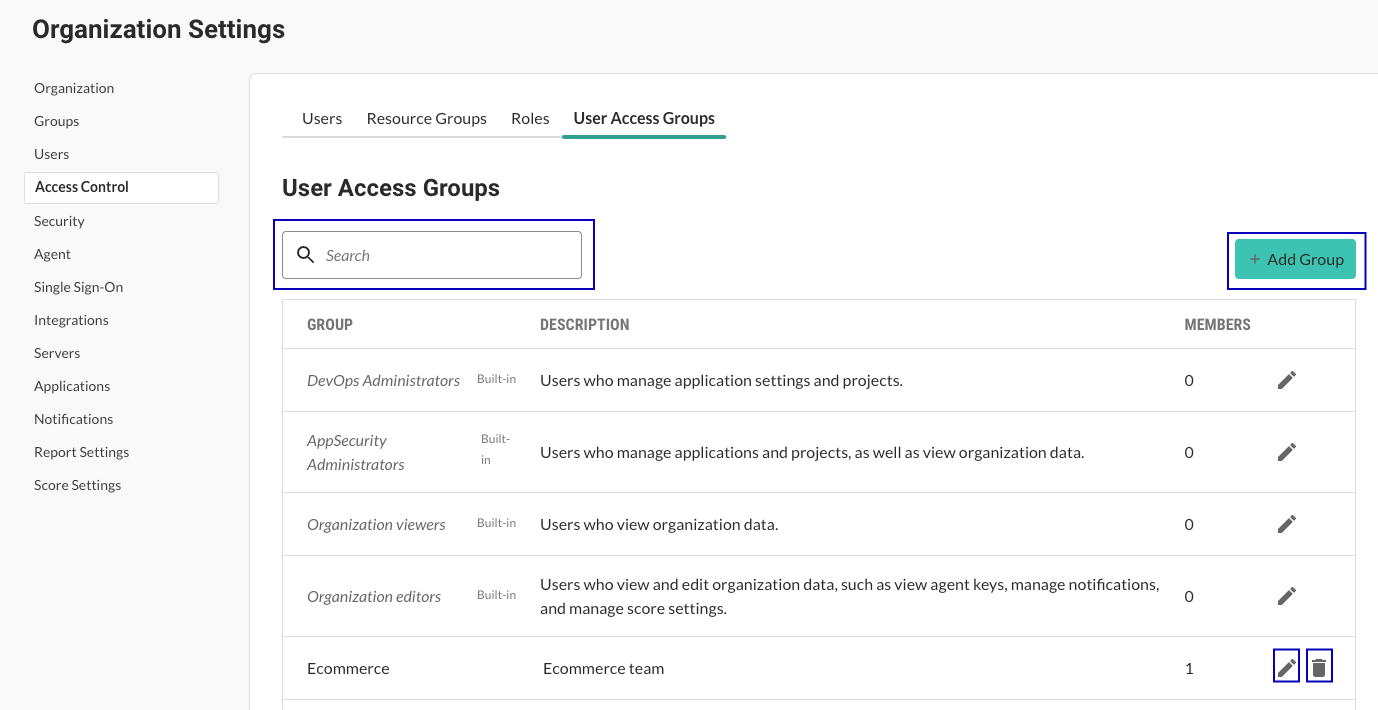 Image shows the User access group screen with the add group button, edit, and delete buttons highlighted.