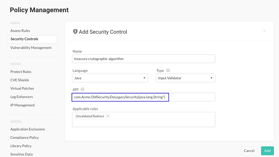 Image shows the Add Security Control window with the API entry highlighted